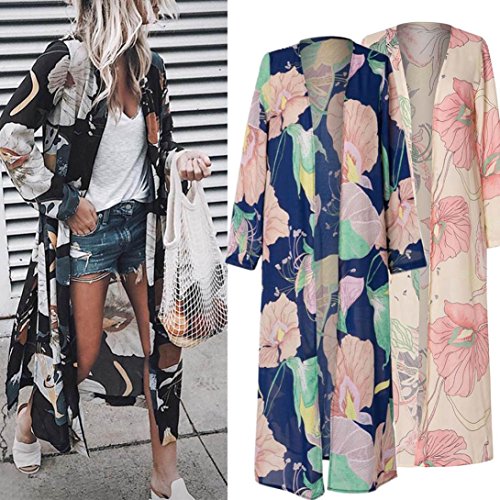 Women's Light Floral Print Chiffon Kimono Cardigan Coverup Blouse Tops (M, Black)