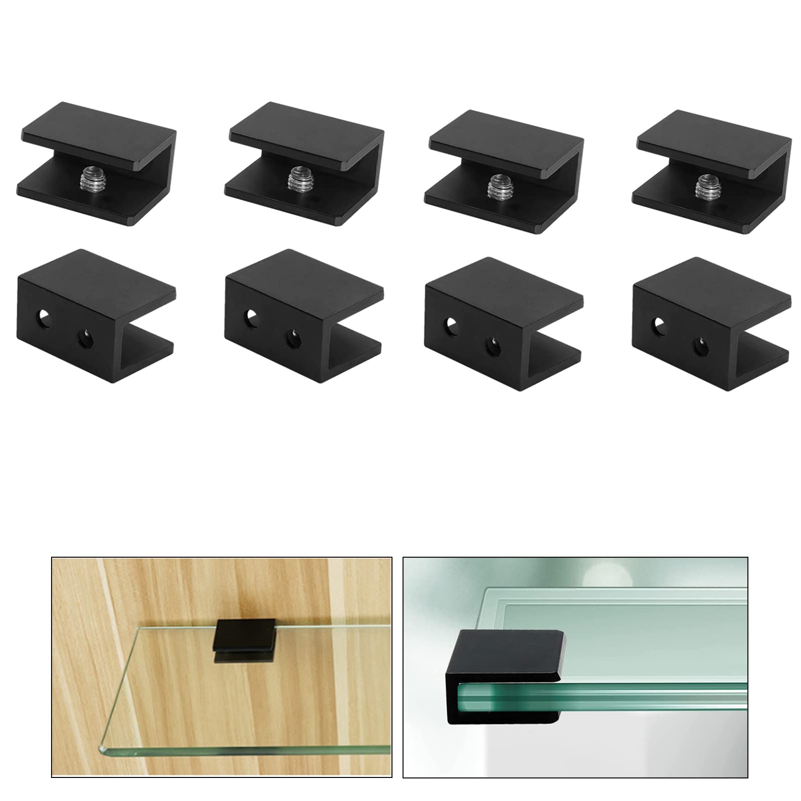 AWEN 8Pcs Square Adjustable Frameless Glass Shelf Bracket Holder, Black Heavy Duty Glass Clamp Clip Support with Screws for Wall Mounted 0.32"(8mm)-0.39"(10mm)