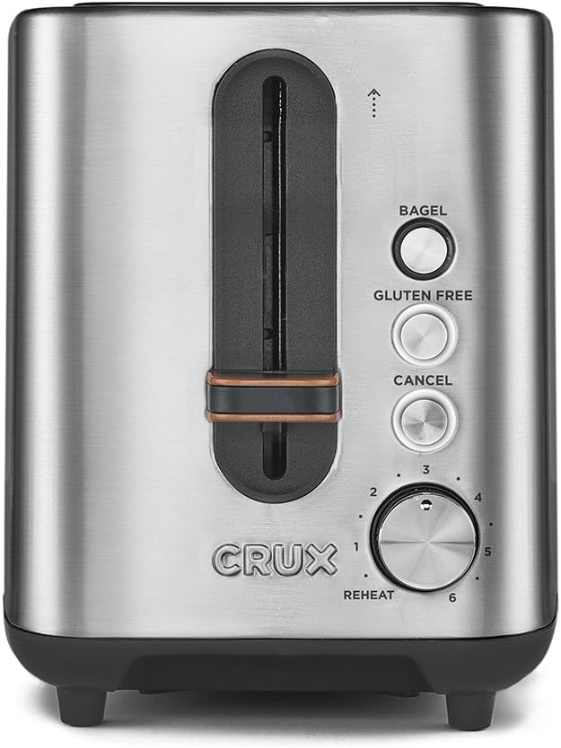 Crux CRUX008 Stainless Steel 2 Slice Toaster-6 Settings-Extra Wide Slots for Bagels & Thick Bread-Gluten Free Option-Reheat Setting & Slide Out Crumb Tray, Stainless_Steel, 900 W