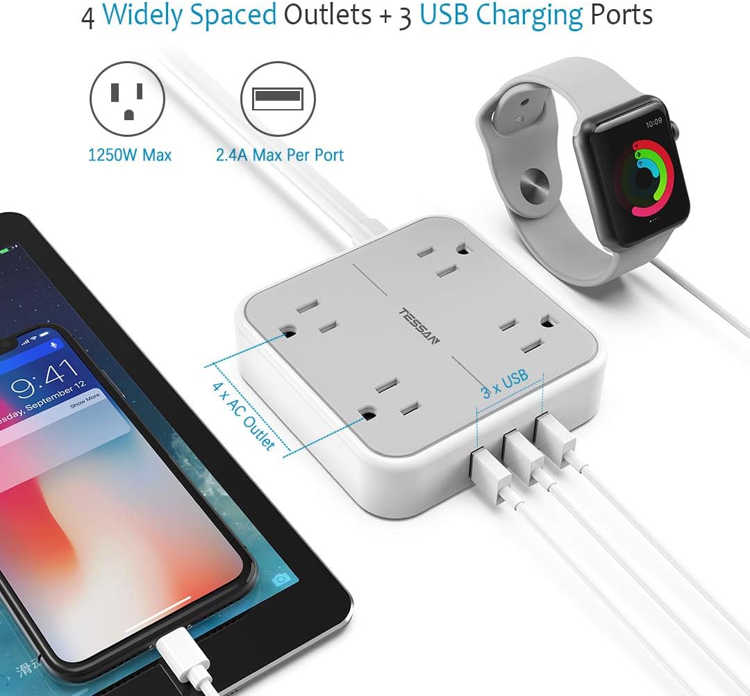 Power Strip with USB, TESSAN Mountable Flat Plug Extension Cord with 4 Widely Spaced Outlets, 3 USB Charger, 5 FT Power Cord, Compact Size Charging Station for Home, Office, Dorm Essentials, Gray: Home Improvement