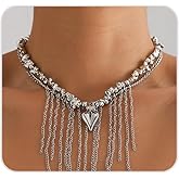 ROSASUENO Silver Irregular Beaded Spike Choker Necklace for Women Small Heart Tassel Statement Adjustable Necklace