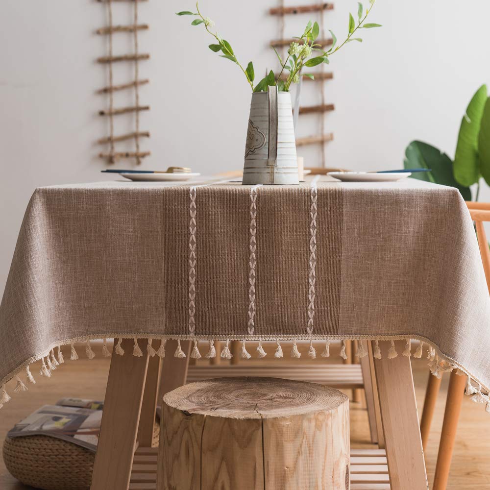Plenmor Heavy Weight Cotton Linen Tablecloth Dust-Proof Tassel Table Cloth Cover for Kitchen Dinning Farmhouse Tabletop Decoration (140x250 cm, A-Brown)