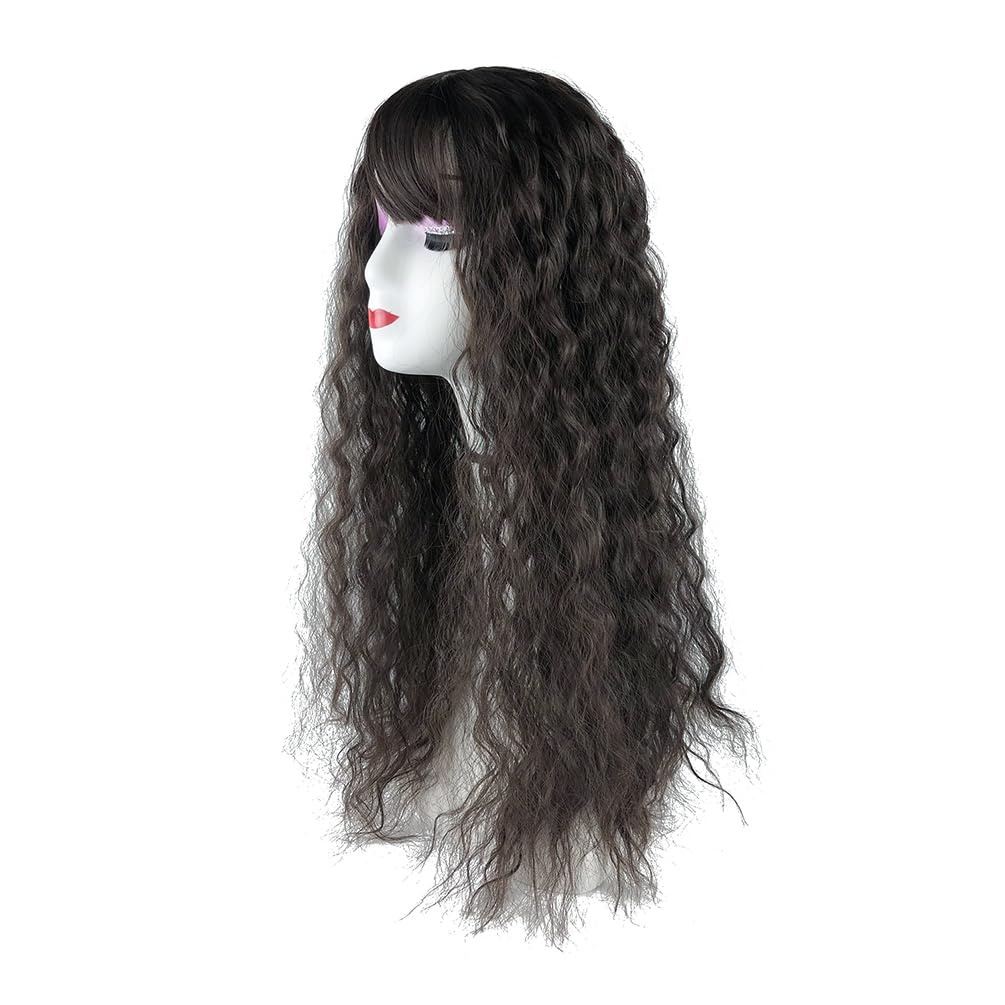 Middle Part Clip in Forehead Hairpiece Loose Curly Topper with 3D Neat Fringe for Full Head Wear Black