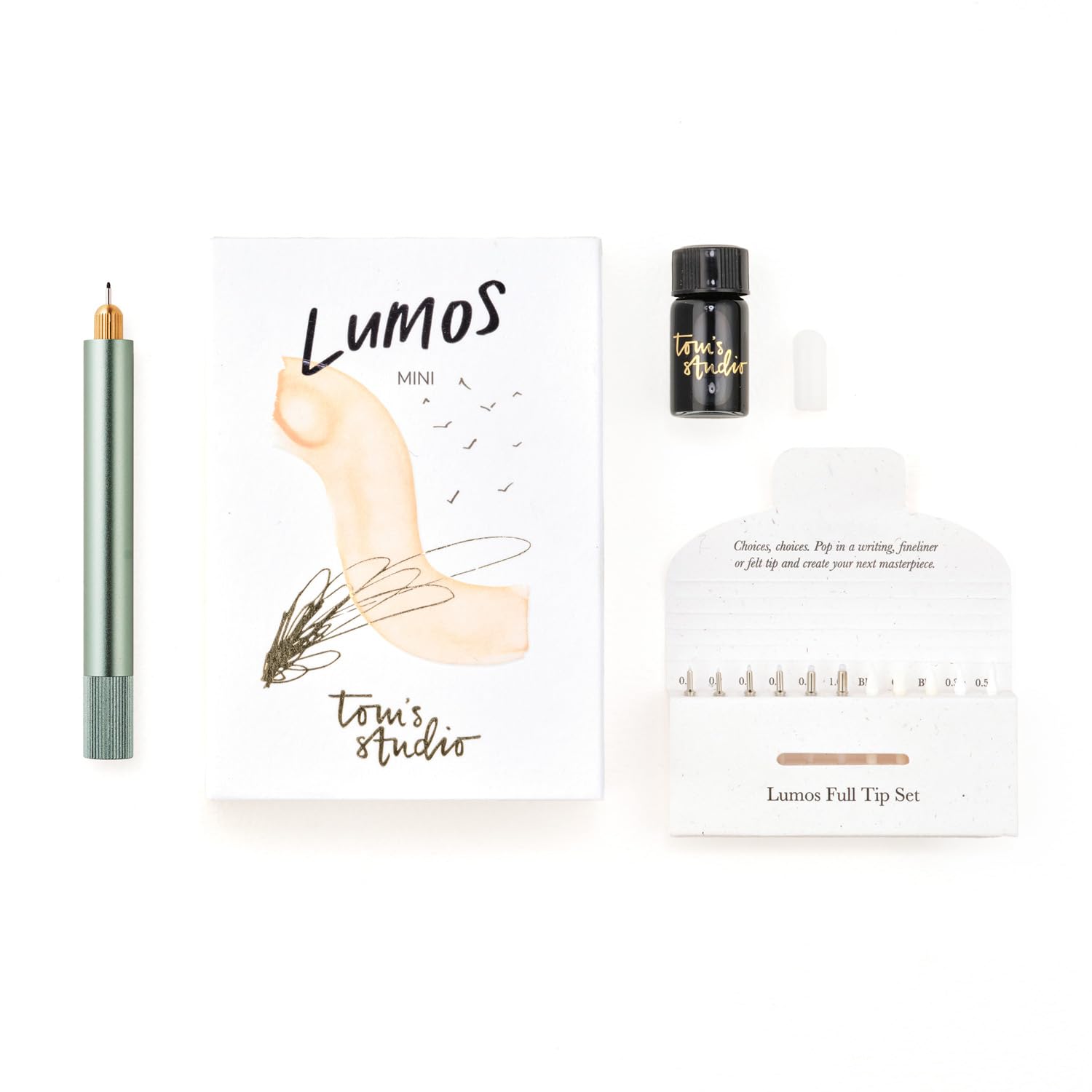 Tom's Studio Lumos Mini (Sage) | Versatile and Refillable Fineliner Pen in a Pocket Friendly Package | Comes with 11 Tips & 3ml Deep Black Ink Sample