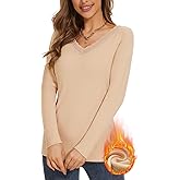WOWENY Women Thermal Long Sleeve Shirt Fleece Lined Basic Fitted Tops Lace V Neck Undershirts Winter Tight Base Layer