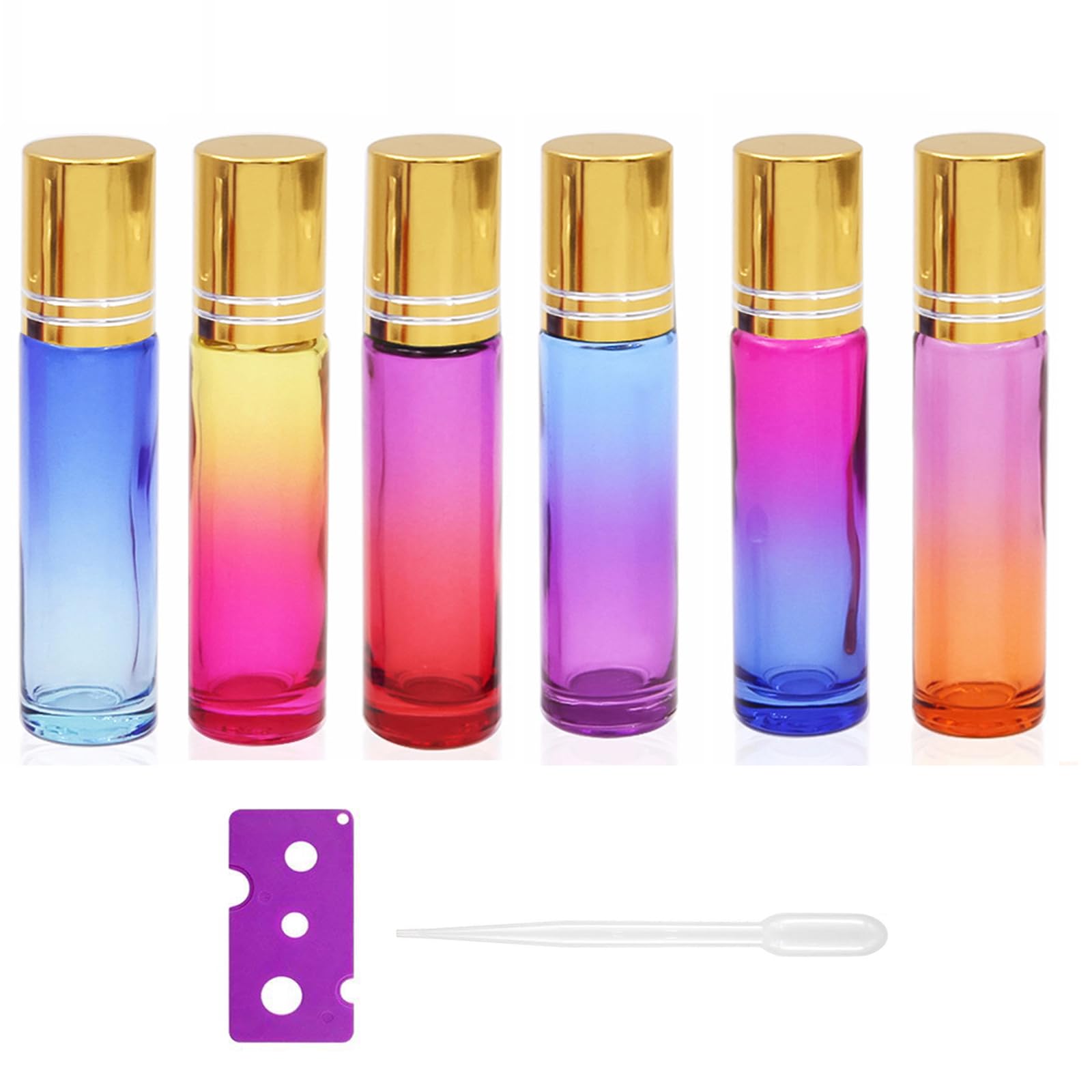 Alledomain Glass Roller Bottles - 10ml, 6 Pcs Gradient Color Refillable Roll on Bottles with Stainless Steel Roller Balls for Essential Oils, Aromatherapy 1 Bottle Opener and Dropper Included