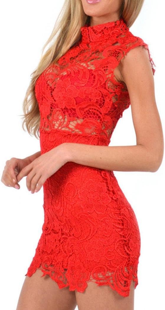 Elogoog Evening Gown, Womens High Neck Sexy Floral Lace Sleeveless Bodycon Cocktail Party Mini Dress