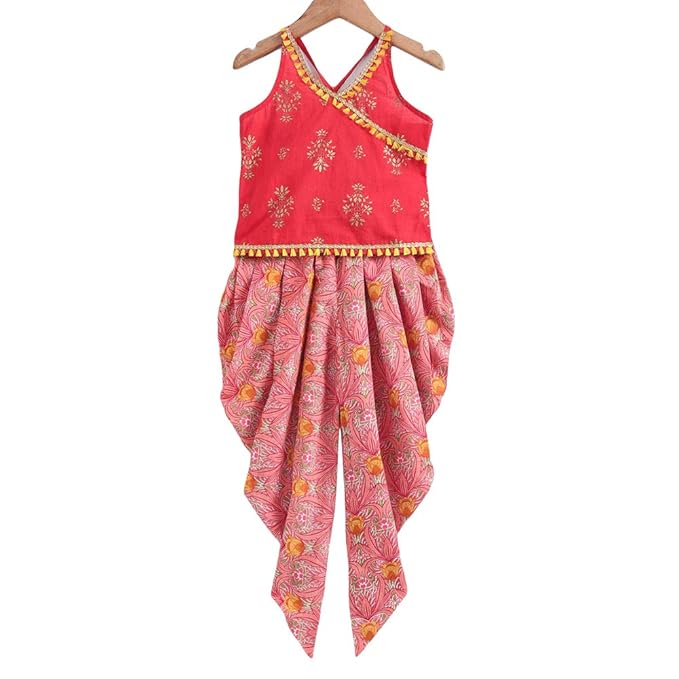 Peaches By Hopscotch Girls Cotton Floral Print Sleeveless Top And Dhoti Set in Coral Color