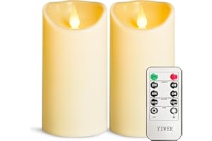 YIWER Flameless Plastic LED Candles,Pack of 2 Battery Operated Flickering Candle with Remote Control and Timer Electric Fake Light D3 H6 Ivory Pillar