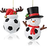 Jetec 2 Pieces Christmas Hat Soccer Ornament Snowman Hanging Ornament Xmas Reindeer Soccer Pendent Resin Snowman Decoration Christmas Tree Decoration for Fireplace Bedside Desks Shelf