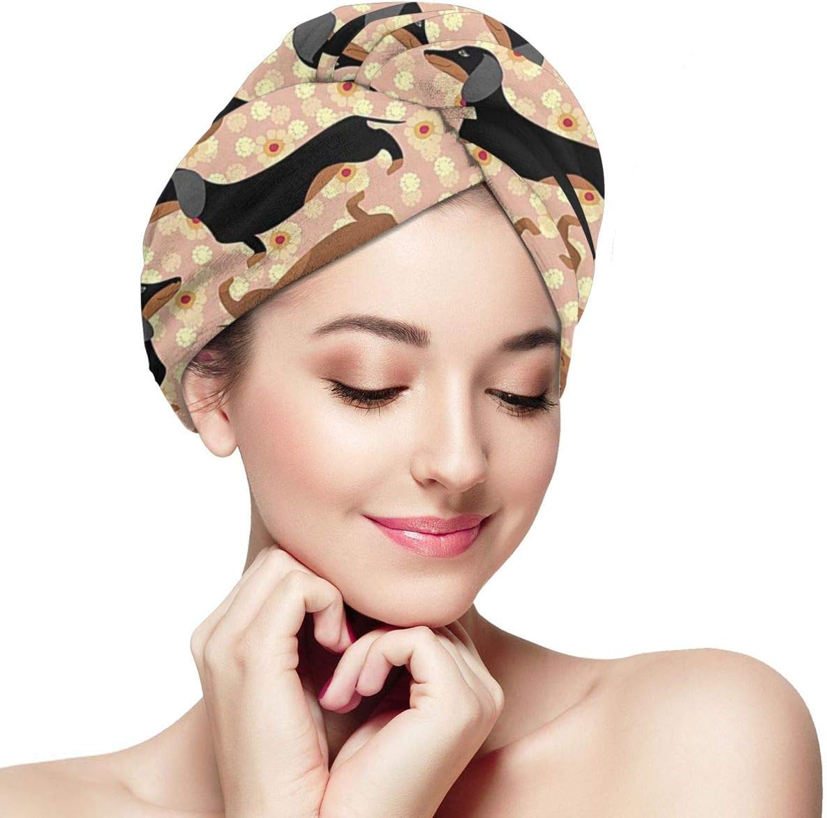 DemarLOO Microfiber Dry Hair Cap For Bath Spa Soft Towel,Super Absorbent Quick Drying Towel Wrap,Turbans For Wet Hair- Cute_Sausage_Dog_Flowery_Dachshund