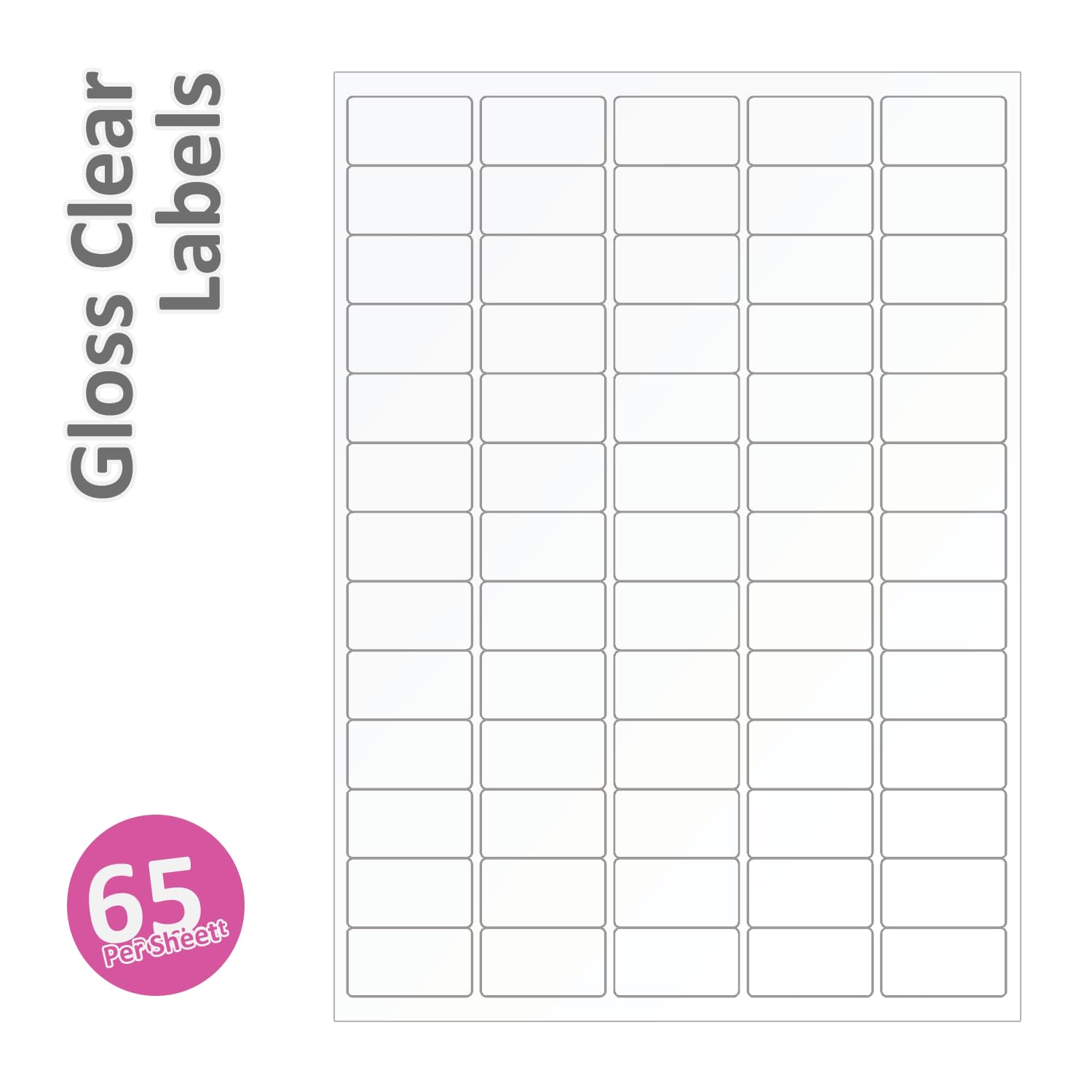 Label Planet® 65 Per Page/Sheet 5 Sheets (325 MINI TRANSPARENT Sticky Labels) CLEAR GLOSS POLYESTER Self-Adhesive Blank Plain A4 Printable Product Stickers, For All Printers, 38.1 x 21.2MM LP65/38 GCP