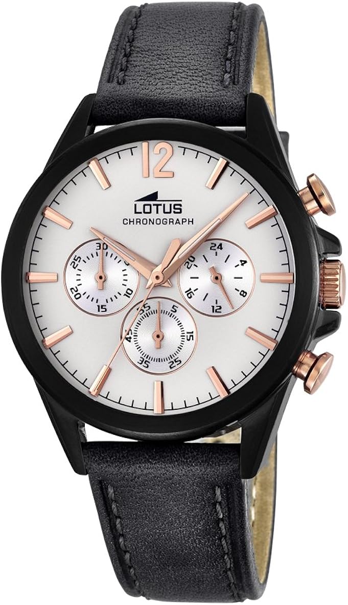Lotus Men's Quartz Watch with White Dial Chronograph Display and Black