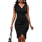 PerZeal Women's Sexy V Neck Sleeveless Bodycon Dress Cocktail Evening Party Wedding Guest Work Faux Wrap Ruched Midi Dresse