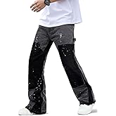 GINGTTO Mens Flared Jeans Streetwear Stretch Slim Fit Carpenter Denim Pants for Men Contrast Painted Design Grey 32