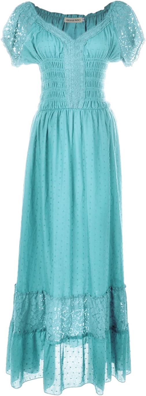 Anna-Kaci Renaissance Peasant Maiden Boho Inspired Cap Sleeve Lace Trim Dress