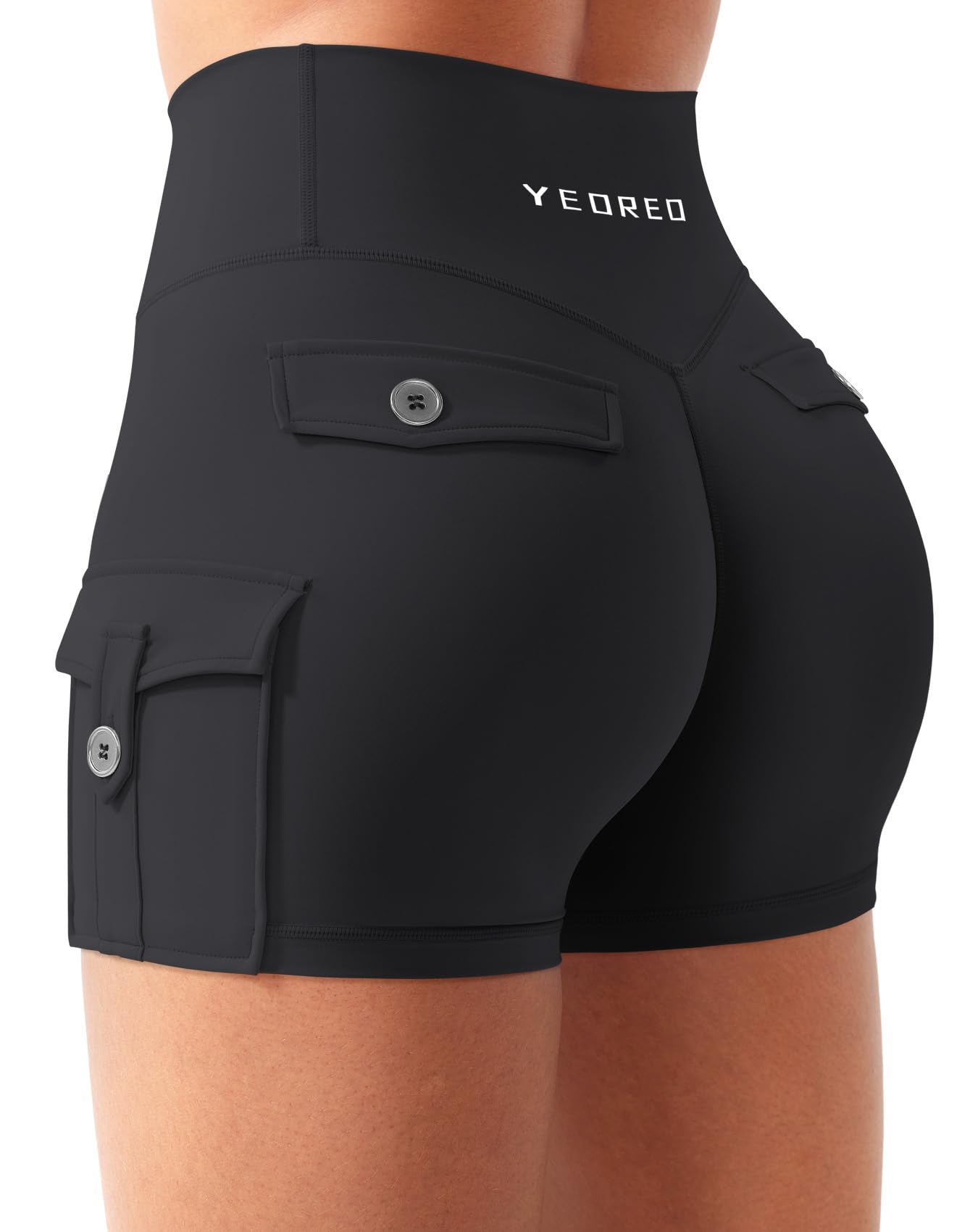 Photo 1 of YEOREO CoreFlex Women Workout Gym Shorts with Cargo Pockets Hidden Scrunch 3.6" 4.5" Inseam No Front Seam Biker Shorts Black M