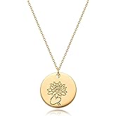MYEARS Women Birth Flower Necklace Gold Coin Engraved Disc 12 Month Flower Bouquet Pendant 14K Gold Plated Dainty Chain Personalized Floral Jewelry Birthday Gift