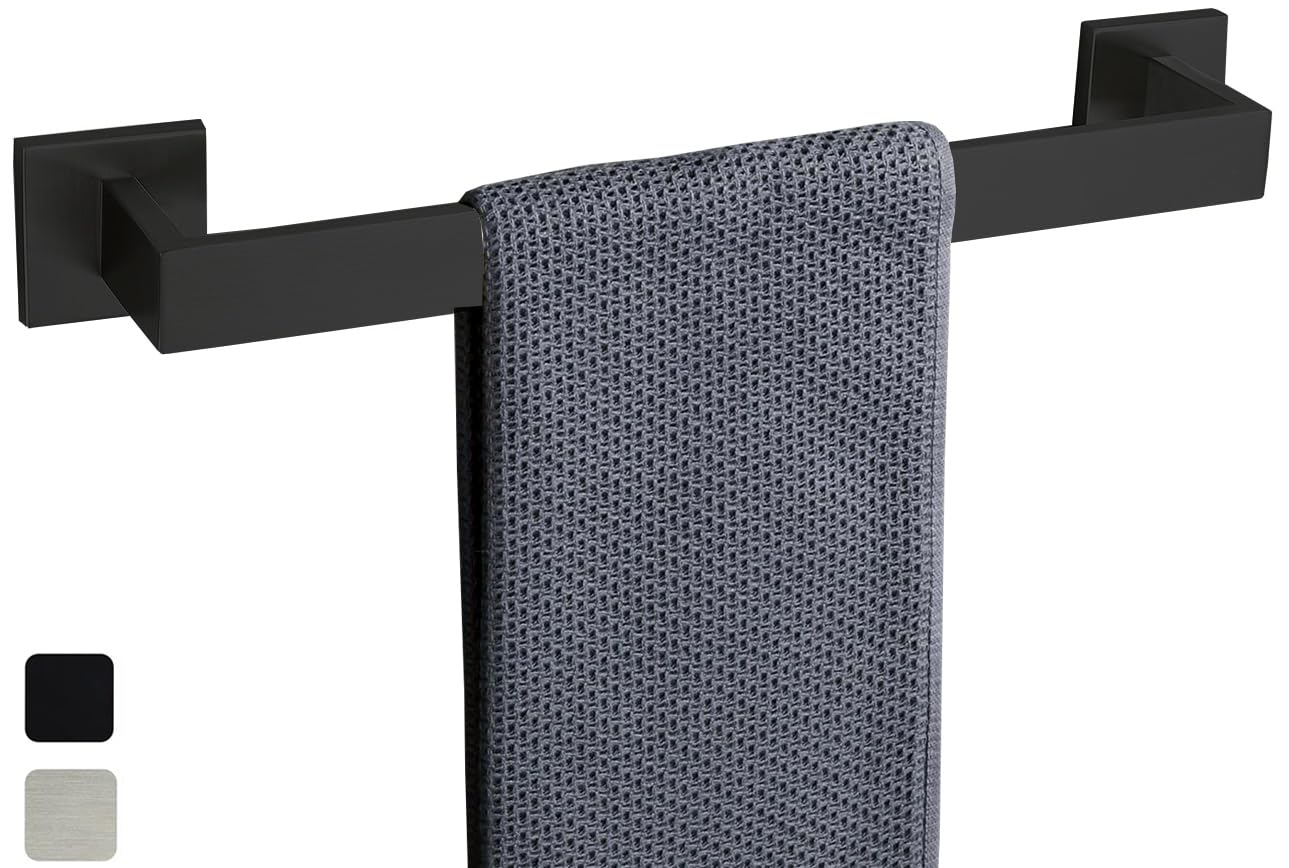 Photo 1 of 16 Inch Towel Bar for Bathroom 12/16/24/28/32/36 Inch Kitchen Towel Holder Matte Black Towel Rod Wall Mounted SUS304 Rustproof Towel Rack Modern Square Design (1, Matte Black, 16 Inch)