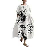domirica Cotton Linen Dress Floral Print Casual Loose Short Sleeve Crew Neck Maxi Ladies Flowy Summer Long Dresses
