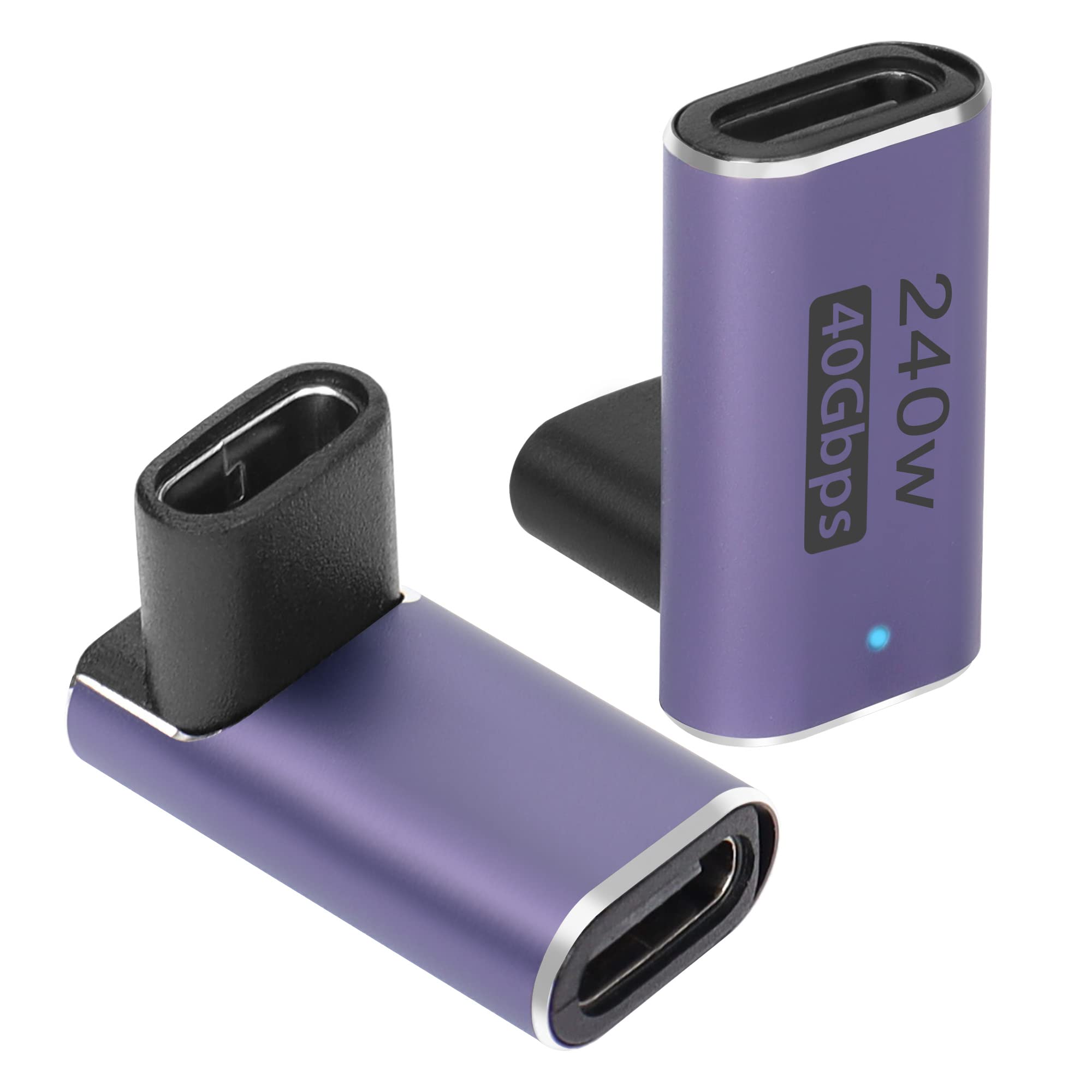 QIANRENON USB4.0 C Female 90 Degree Angle Adapter Coupler 240W 40Gbps Type C 4.0 Female to Female Right Angle Connector Extender, LED Indicator 8K Audio/Video Transmission, 2Pcs (Forward bend)