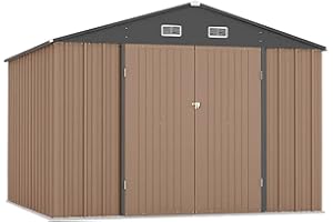 Zstar 10 x 8 FT Storage Shed Outdoor with Floor Frame, Waterproof Metal Garden Sheds with Lockable Door Design and Sloping Roof, Outdoor Shed for Garden Backyard Patio Lawn, Brown