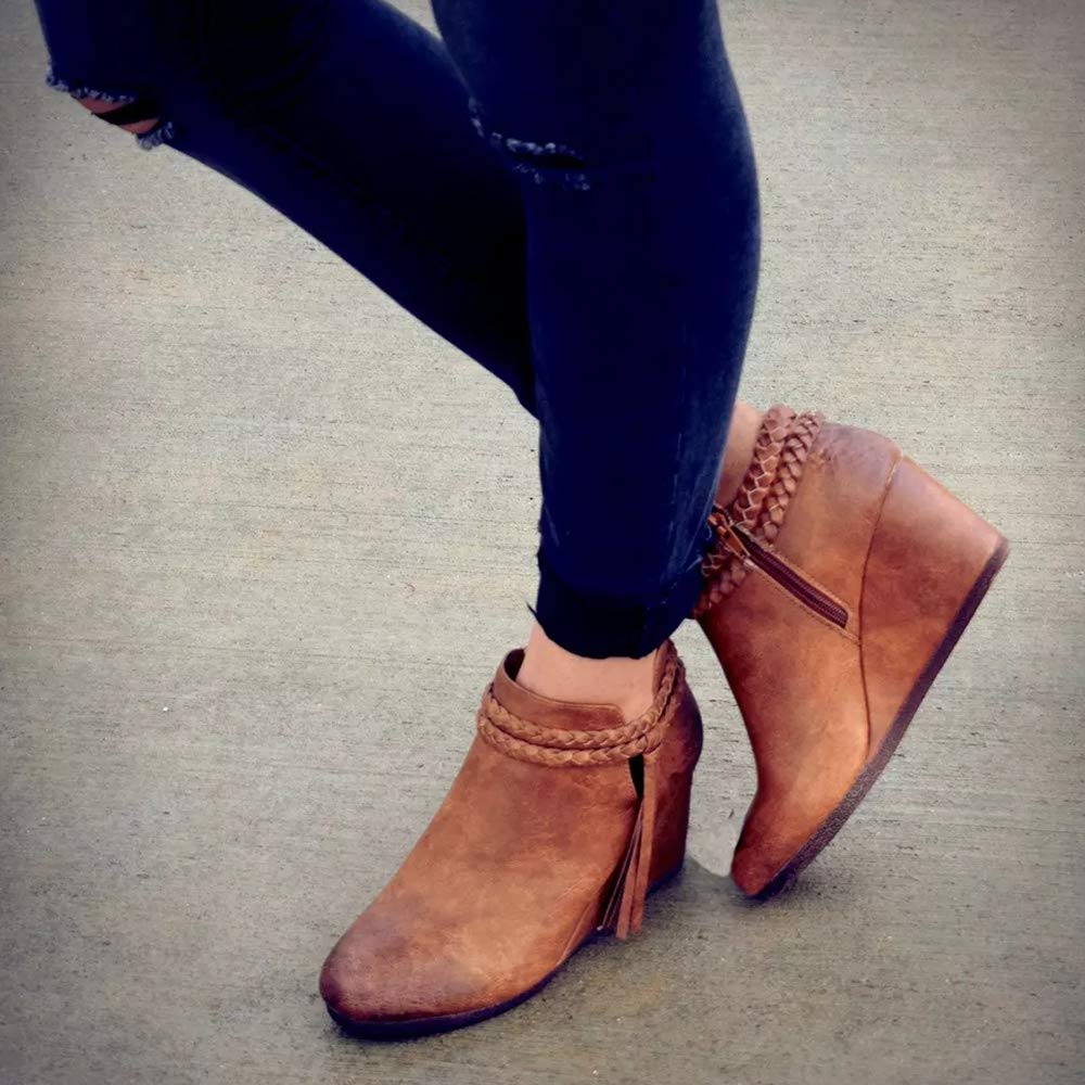Womens Wedge Ankle Boots Braided Fringe Strap Western Heeled Winter Booties Shoes (1-brown, numeric_7) - Image 3