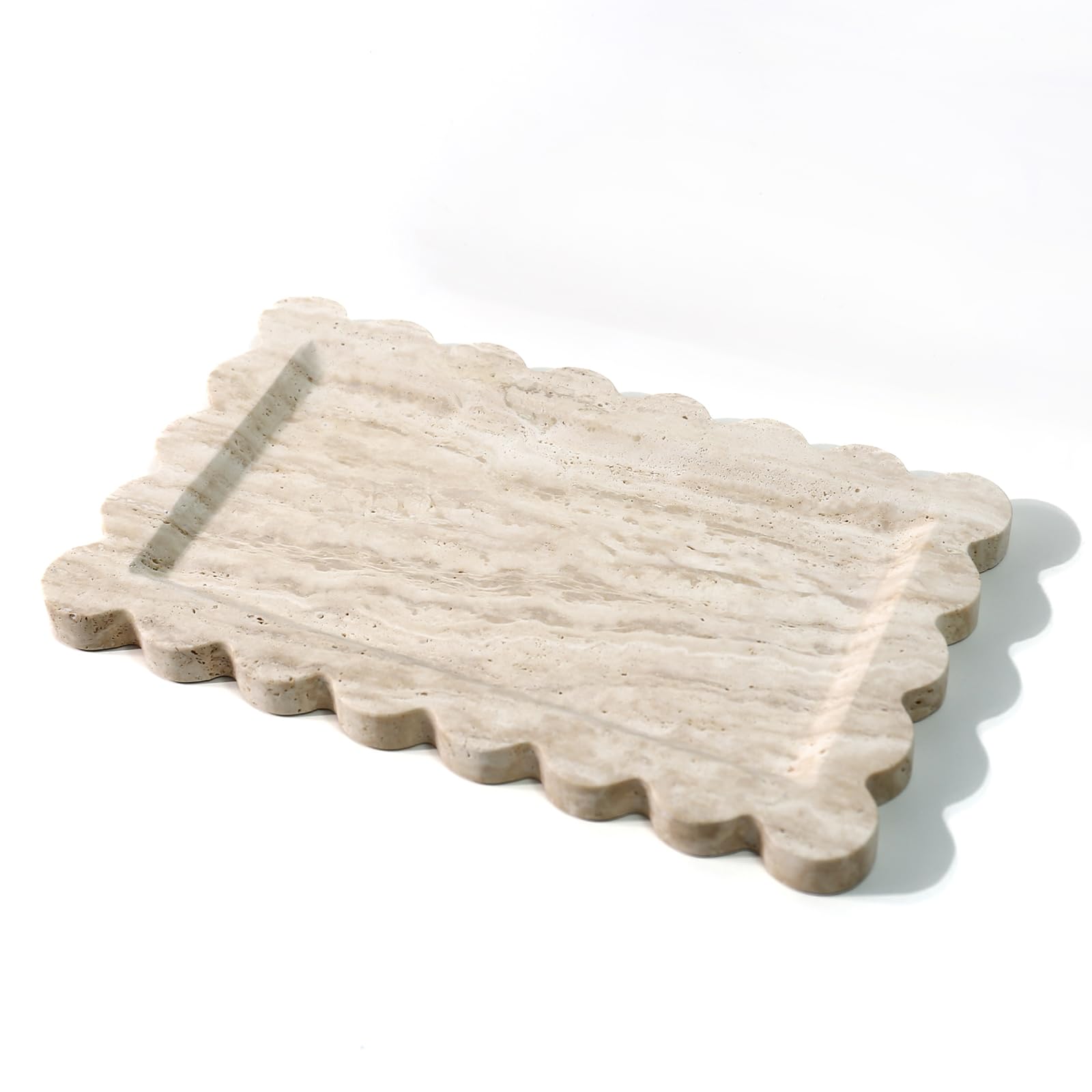 View 1 of Natural 100% Marble Vanity Tray Luxury Scalloped Marble Storage Square Rectangle Tray for Home Decor Stone Tray for Bathroom/Kitchen/Candle Key (Rectangle-11.8 * 7.4-Beige Travertine)