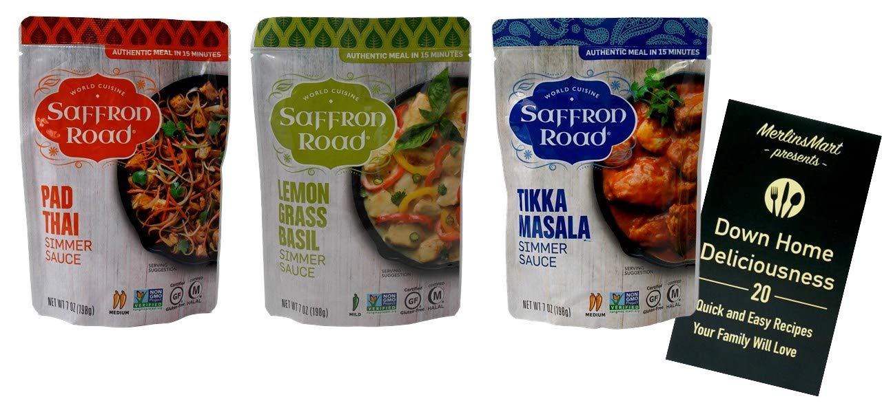 Saffron Road Authentic Recipe Simmer Sauce | 3 Flavor Variety (1) each: Pad Thai, Lemongrass Basil, Tikka Masala (7 Ounces) Plus Recipe Booklet Bundle