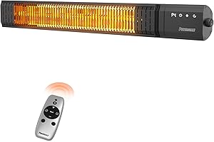 Powerscale Infrared Heater 1500W with Remote, 2.5s Instant Heat & Memory Function, Electric Patio Heater 4 Heat Levels, IP65 Waterproof - Indoor/Outdoor Space Heater for Garage, Backyard, Black