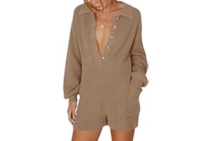 Tymidy Women's Short Jumpsuit Long Sleeve Knit Sweater Rompers Sexy Deep V Neck Button Down Onesie Loungewear Outfits
