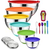 Rottay Mixing Bowls with Airtight Lids, 20PCS Stainless Steel Mixing Bowl Set, Nesting Bowls with 3 Grater Attachments & Non-Slip Bottoms, Size7, 4, 3, 2, 1.5, 1QT Bowls for Baking&Prepping