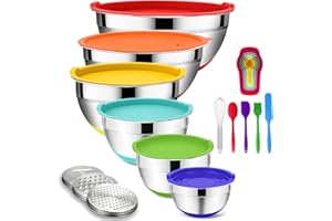 ROTTAY Mixing Bowls with Airtight Lids, 20PCS Stainless Steel Mixing Bowls Set, Nesting Bowls with 3 Grater Attachments & Non-Slip Bottoms, Size7, 4, 3, 2, 1.5, 1QT Bowls for Baking&Prepping