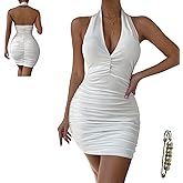 Yazinie Women Sexy Bodycon Dresses V Neck Pleated Dress Slim Neck Hanging Mini Dress Halter Party Dress