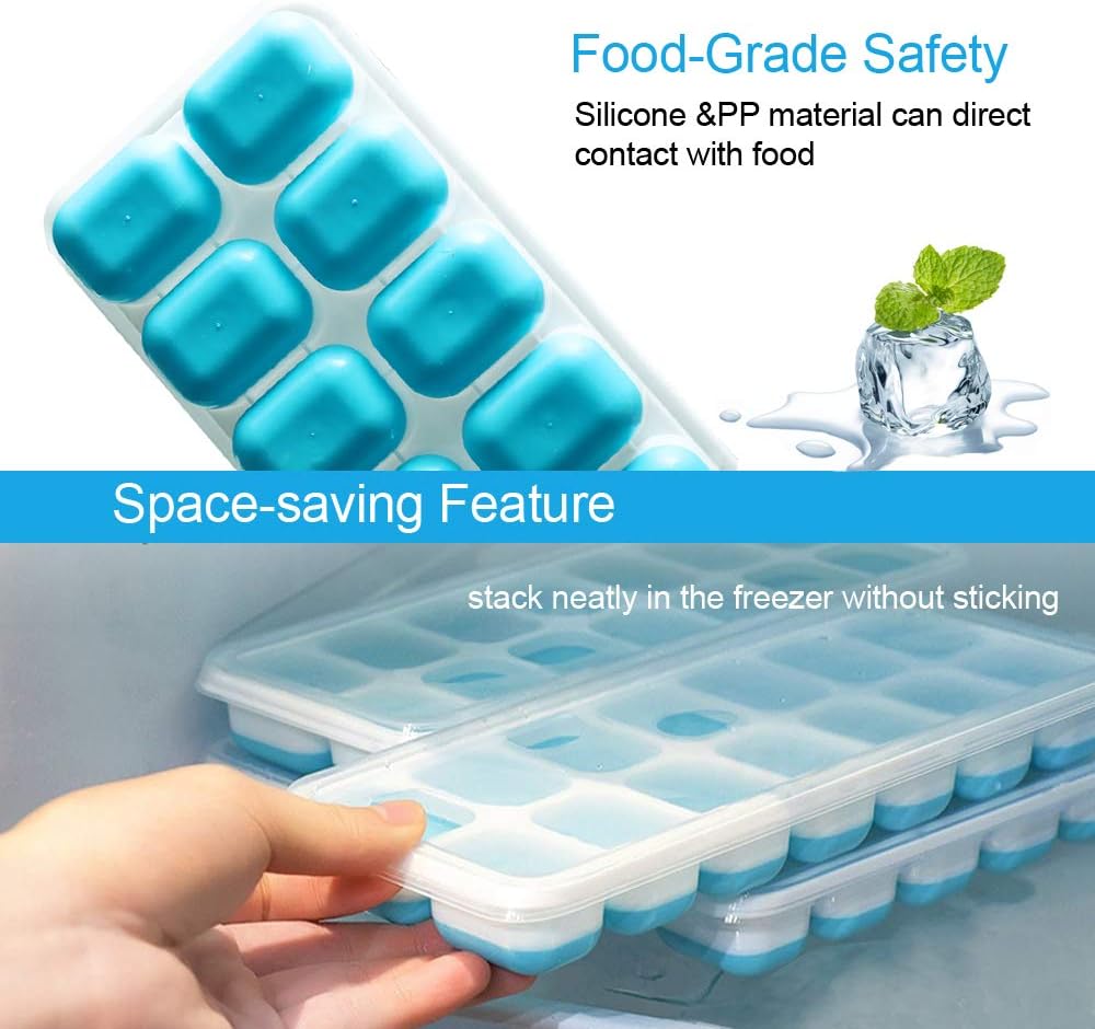 Ice Cube Trays with Lids 2 Pack, Easy-Release Silicone and Flexible 14-Ice Trays with Spill-Resistant Removable Lid for Chilled Drinks, Whiskey & Cocktails: Kitchen & Dining