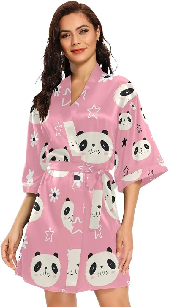 Cute Animal Panda Bear Kimono Bathrobe Women's Satin Robe for Bride