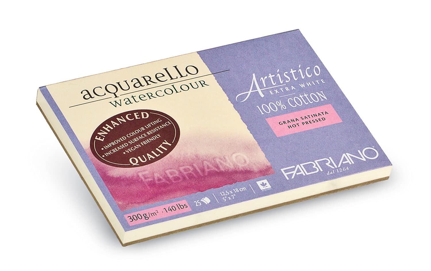 Honsell Fabriano Artistico Acquarello Extra White Satin Hot Pressed 12.5 x 18 cm 25 Sheets 300 g/m² Artist Watercolour Card Pad Glued on 4 Sides