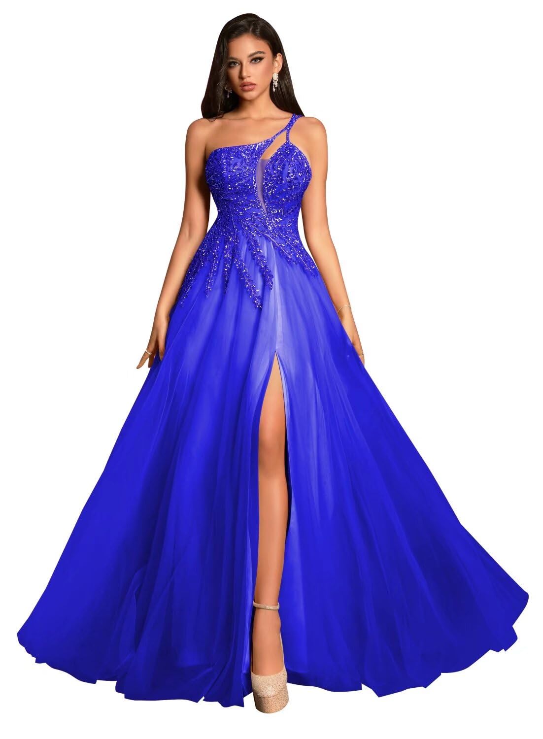 One Shoulder Prom Dresses with Split Tulle