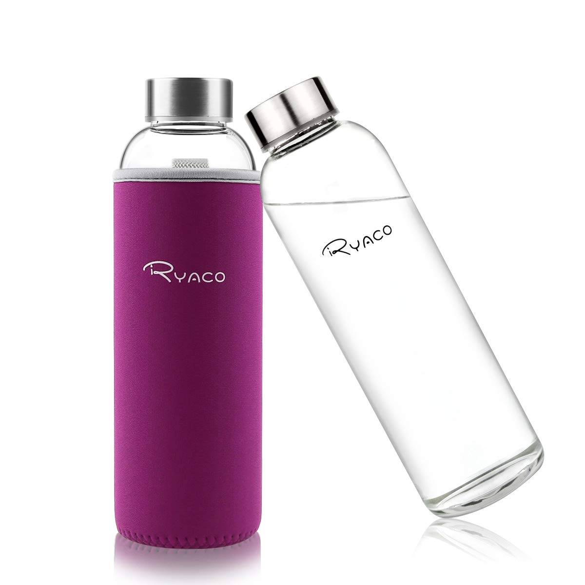 RYACO Glass Water Bottle 550ml/18oz,Borosilicate Glass Bottle with Neoprene Protective Case for Hot Cold Drinks,BPA-Free Leak Proof,Sport Water Bottles with Sponge Brush,Dishwasher Safe