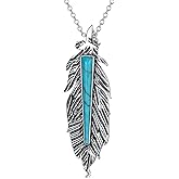 BETHZA Turquoise Feather Necklace 925 Sterling Silver Genuine Turquoise Vertical Feather Pendant Western Bohemian Animal Jewelry Gifts for Women