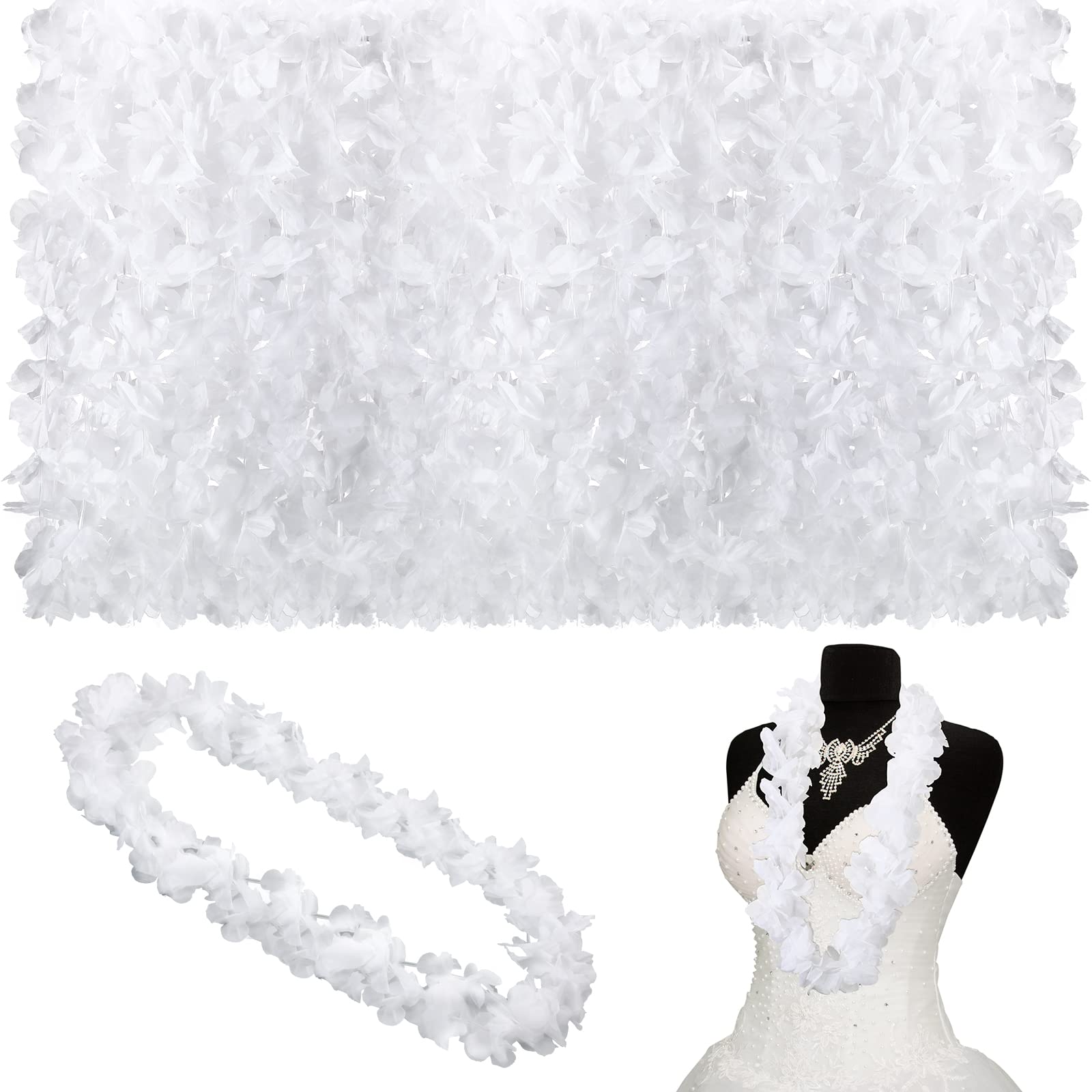 Photo 1 of Geosar 48 Pcs White Hawaiian Flower Lei for Wedding Bulk Plastic White Flower Leis Luau Beach Hawaiian Garland Necklace Luau Apparel Accessories for Wedding Party Dress up