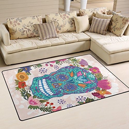 Sugar Skull Dia De Los Muertos Playmat Floor Mat For Dining Room Living Room Bedroom,Size 2'7"X1'8" and 5'X3'3" Available.