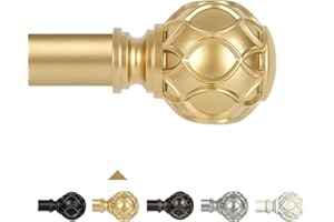 TANGWIN Gold Curtain Rods for Windows 48 to 84 Inch(4-7ft),1 Inch Adjustable Curtain Rod,Heavy Duty Curtain Rods,Retro Netted Texture Finials Drapery Rods,Single Window Curtain Rod 36-88",Brass Gold