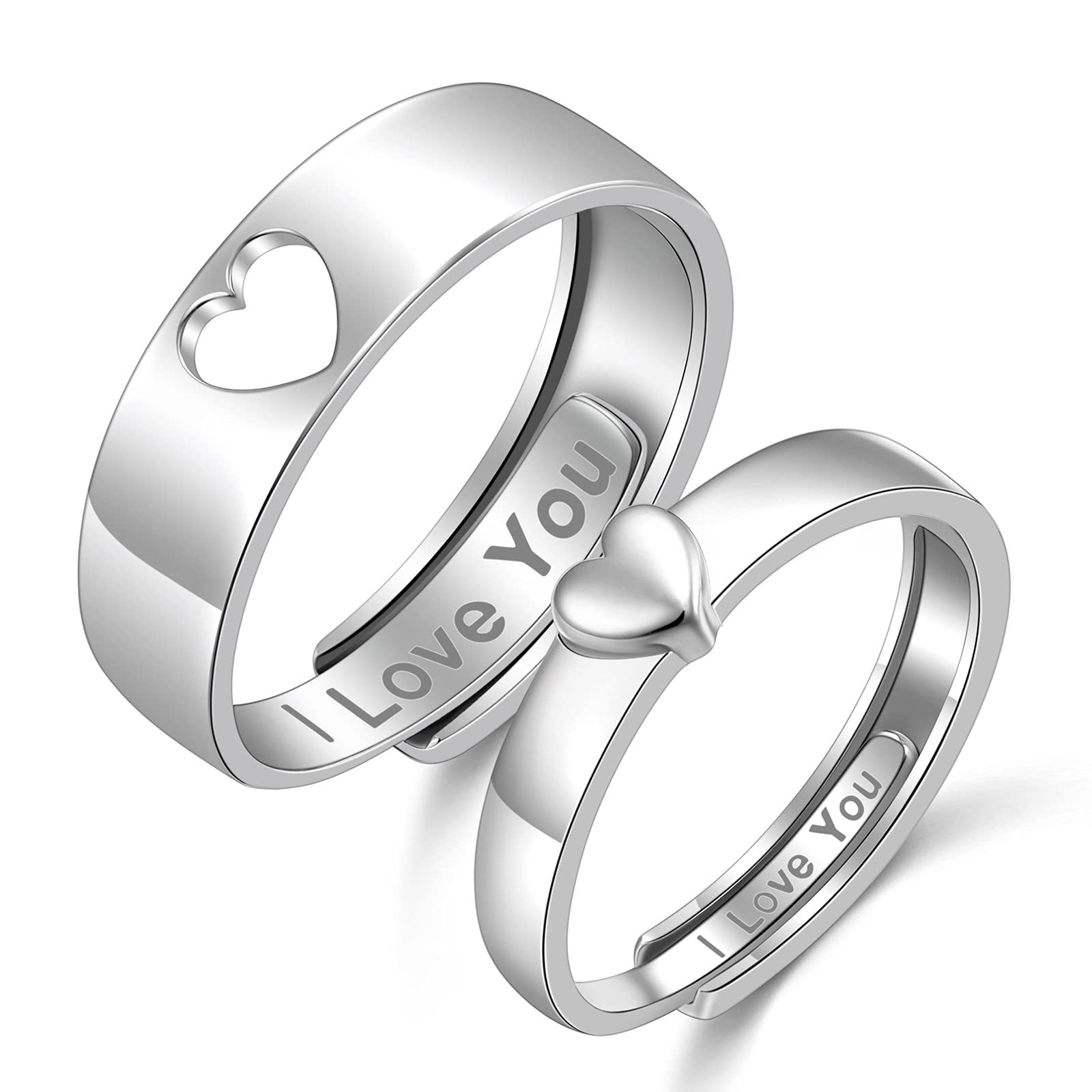 Couple Rings 925 Sterling Silver Matching Rings for Couples I Love You Engagement Wedding Ring Band Adjustable -White