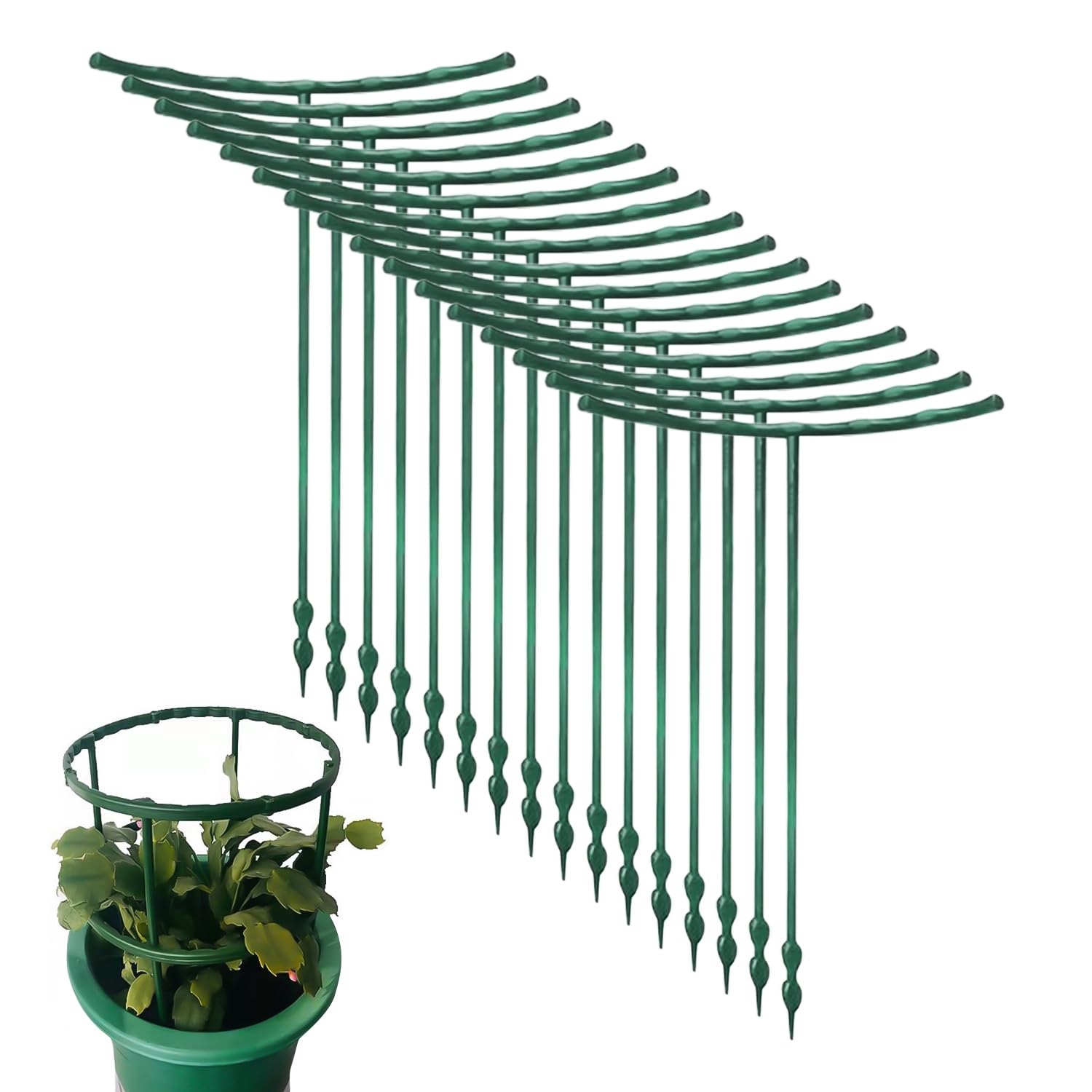 USHXVG 16 Piece Plant Support Rod, Double Layer Splicable Plant Stand, Potted Plant Stand, Plant Climbing Frame, Plant Support Stake, Phalaenopsis, Hydrangea, Peony Stand (Green)