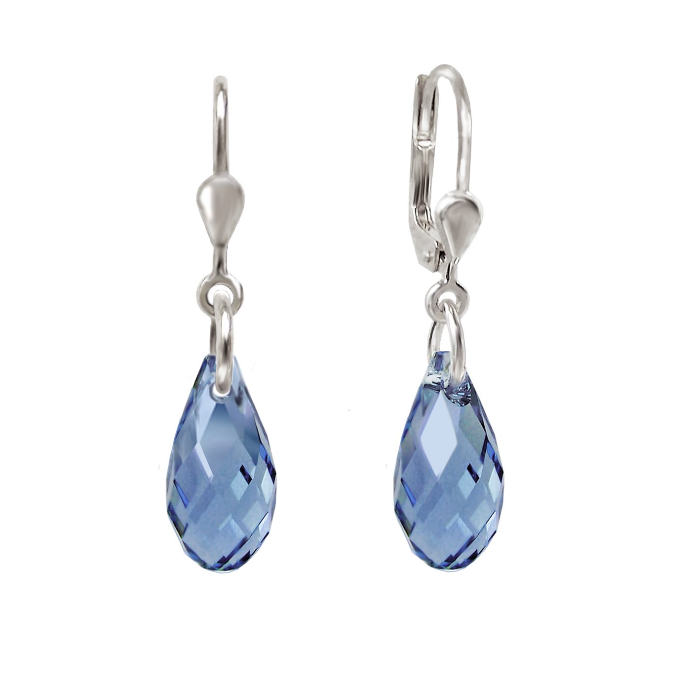 Schöner-SD Small tear-drop dangle earrings 925 silver with briolette crystal Denim Blue