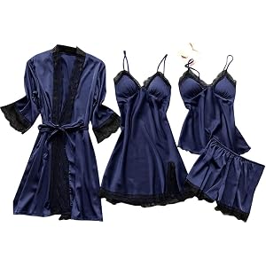 YMAMIYO Lace Pajama Set With Robe Plus Size 4pcs Satin Nightgowns With Slit Silk Camisole Tops & Shorts Belted Matching Pjs