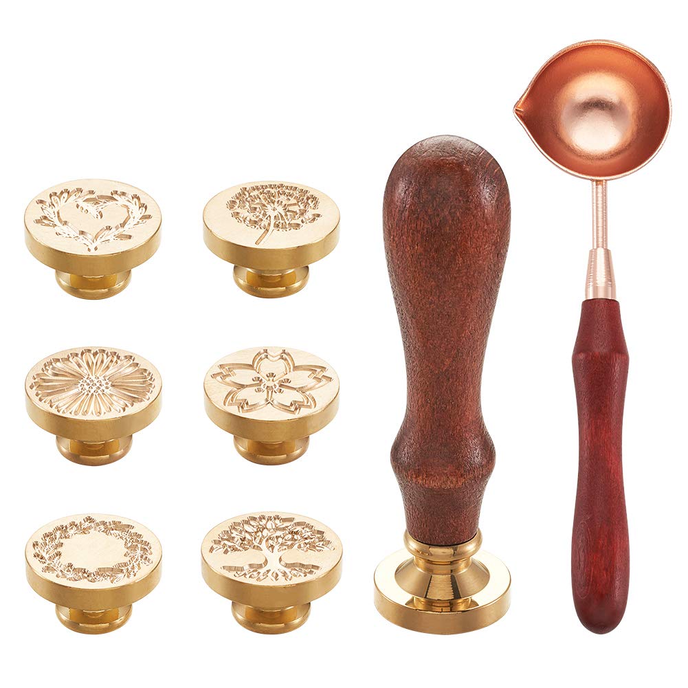 PandaHall Wax Seal Stamp Set with 6pcs Vintage Flower Brass Heads & 1pc Wooden Handle & 1pc Wax Melting Spoon for Invitation Cards Letters Envelopes