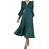 xxxiticat Women's Puff Sleeve Satin Maxi Dress Long Lantern Sleeve Button Down Ruffle Single Breasted Vintage Midi Dresses