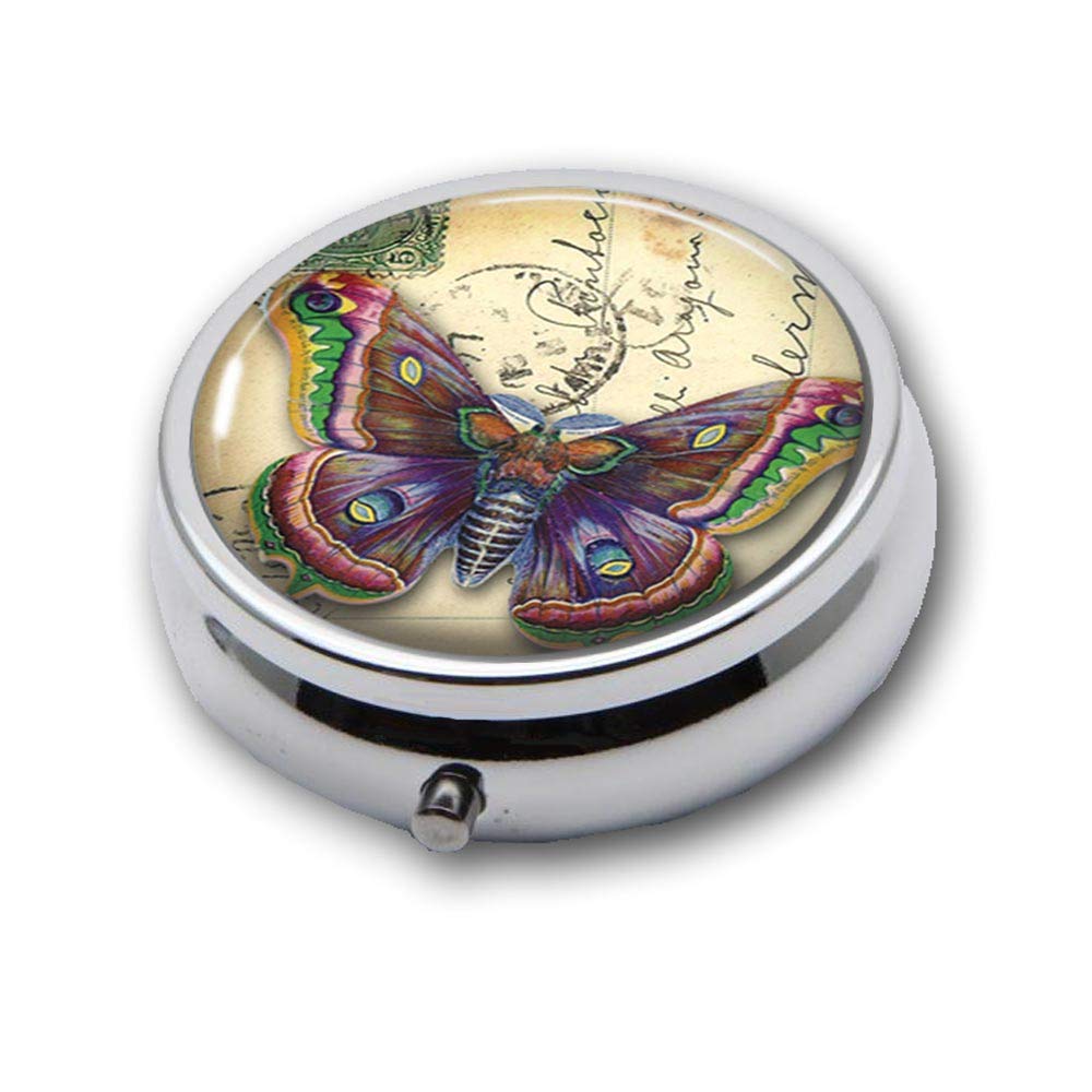 Knutty's Knobs Butterfly Design Pill Box Metal Round 5cm with 3 Sections and Mirror